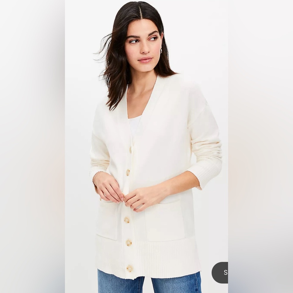 LOFT V-Neck Pocket Cardigan Sweater Whisper White Cream